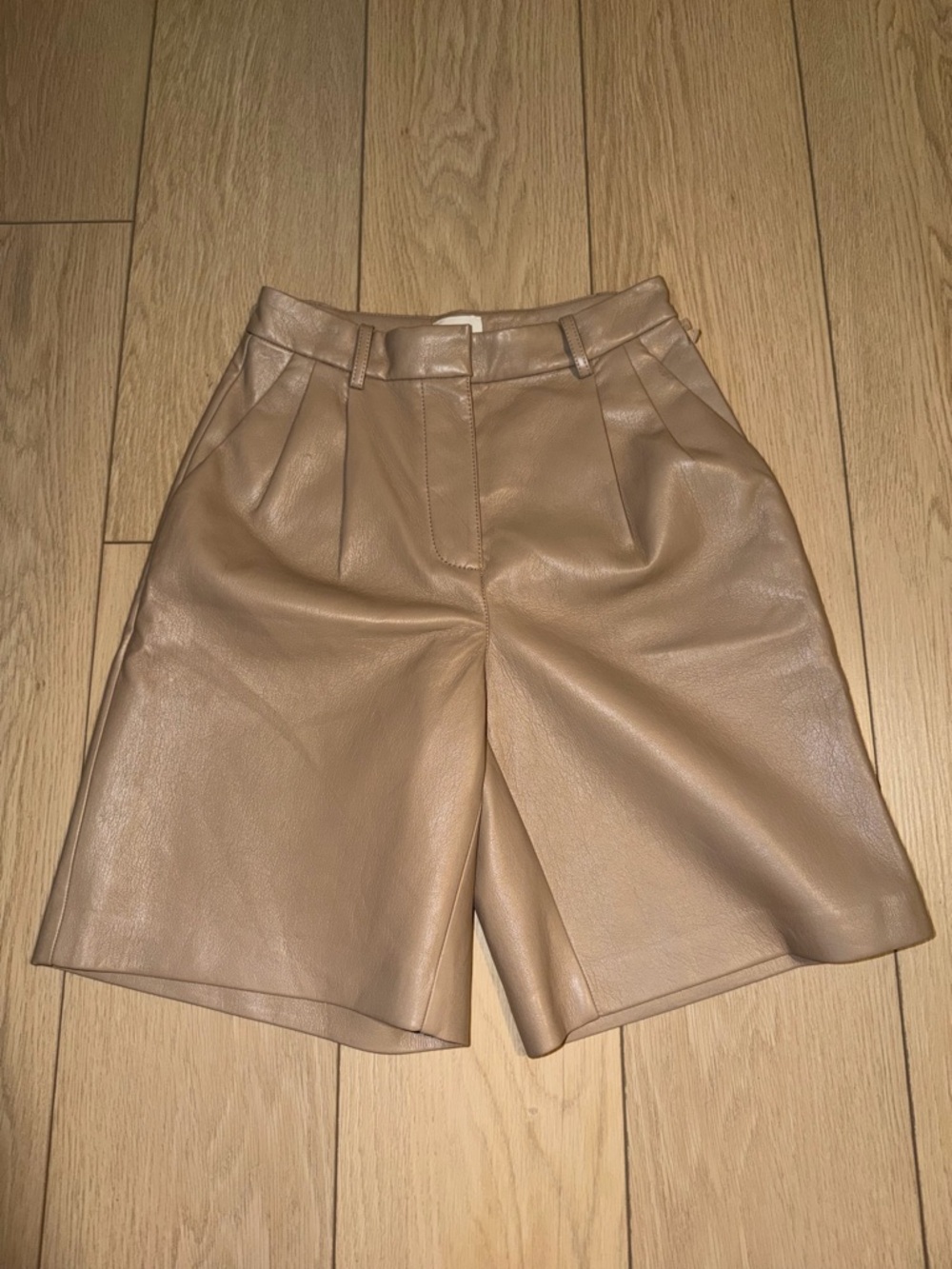 Wilfred Aritzia Faux Leather High-Rise Bermuda Shorts in Tan
